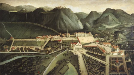 Ansicht von Hohenems mit Schloss, Lusthaus und Gartenanlage